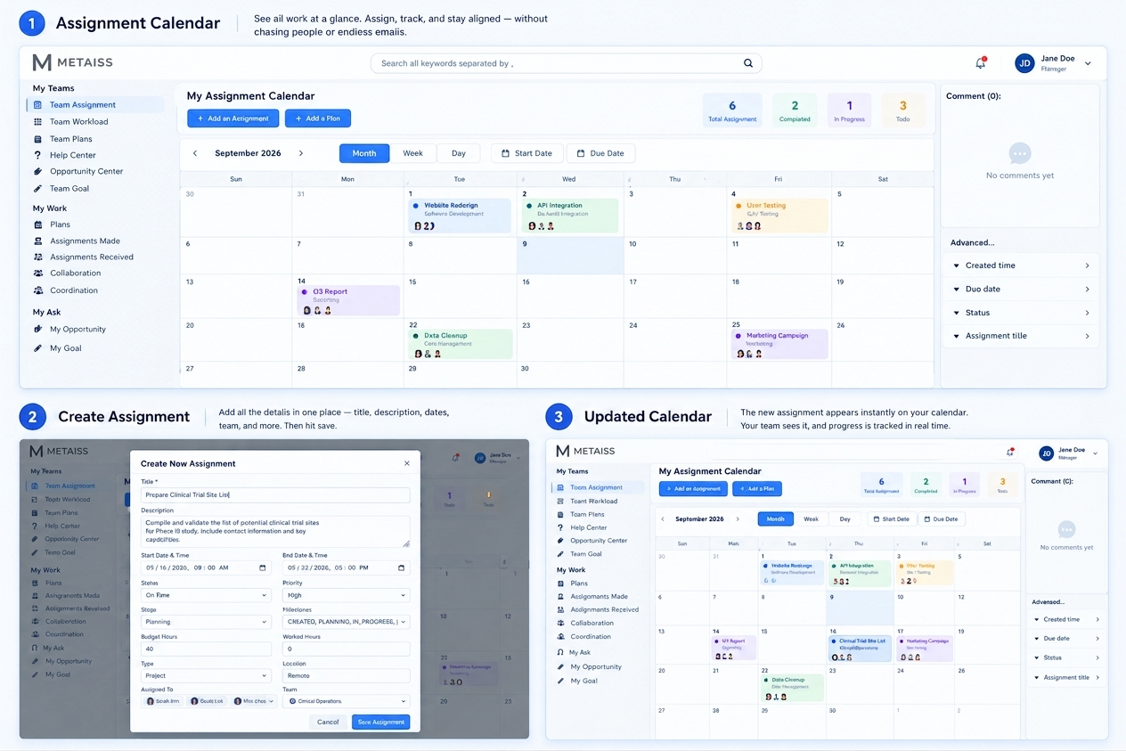 Metaiss Assignment Calendar showing work assignments, timelines, and live updates