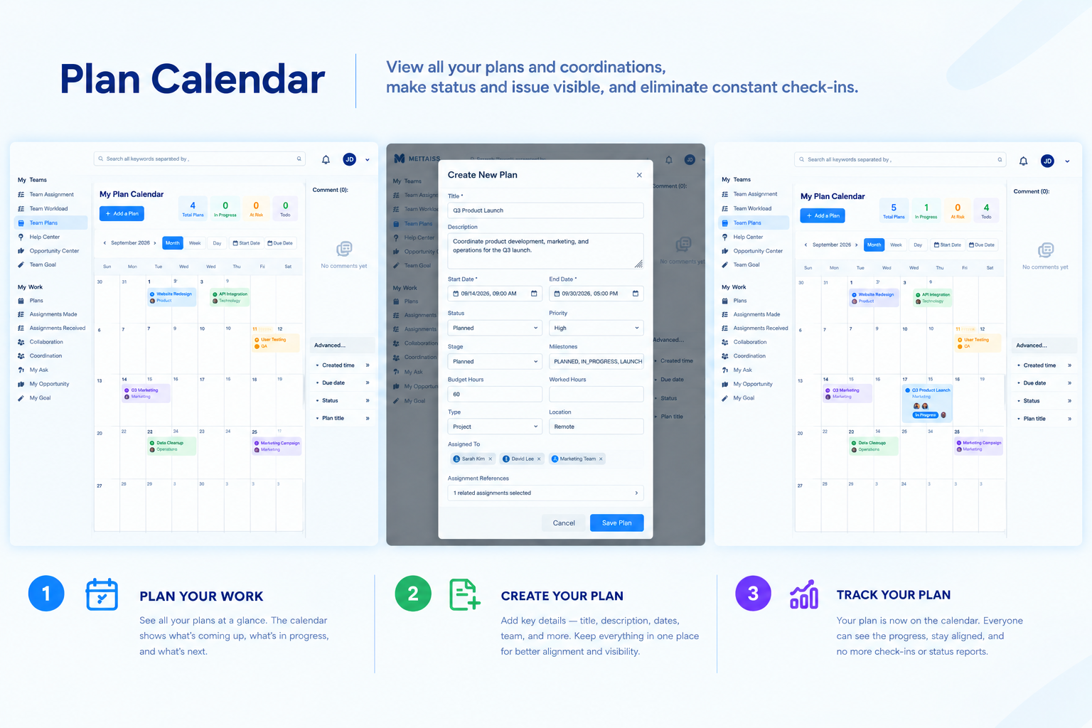 Metaiss Plan Calendar showing individual work planning and execution tracking